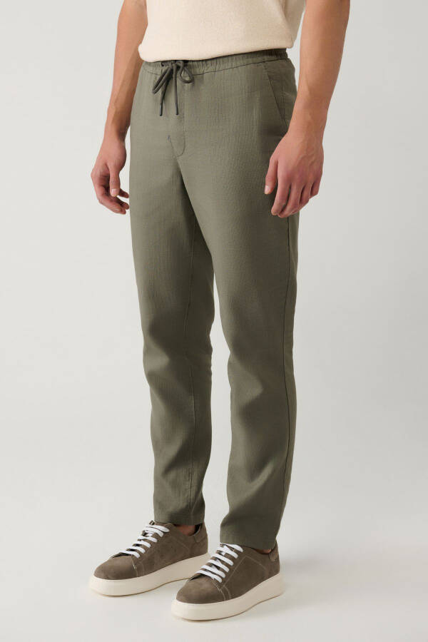 Men's Light Khaki Pants with Side Pockets, Elastic Waistband, Linen Texture, Relaxed Fit E003052 - 3