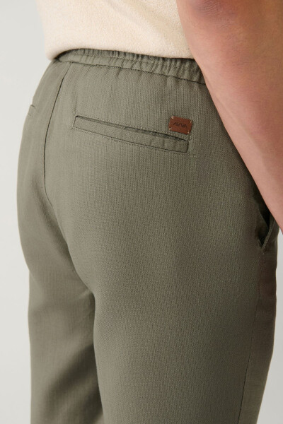 Men's Light Khaki Pants with Side Pockets, Elastic Waistband, Linen Texture, Relaxed Fit E003052 - 7