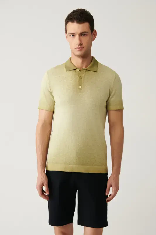 Men's Light Khaki Polo Collar Knit T-shirt - 3