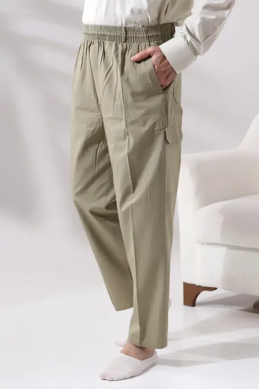 Men's Light Khaki Side Pocket Relaxed Fit Elastic Waist Cargo Harem Pants-Khaki - 2