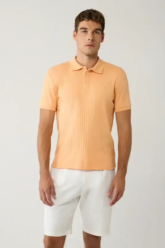 Men's Light Orange 3 Button Polo Collar T-Shirt Jacquard Regular Fit A41y1354 - AVVA