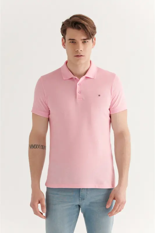 Men's Light Pink 100% Cotton Cooling Polo Neck T-shirt E001004-Light Pink - AVVA
