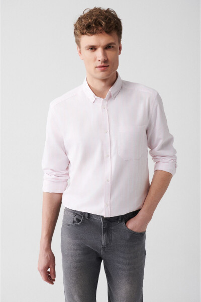 Men's Light Pink 100% Cotton Oxford Button-Down Striped Regular Fit Shirt A31y2055 - AVVA (1)