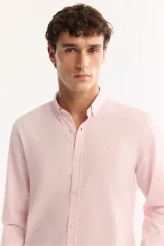 Men's Light Pink Button-Down Collar Comfort Fit 100% Cotton Linen Textured Shirt E002141 - AVVA (1)