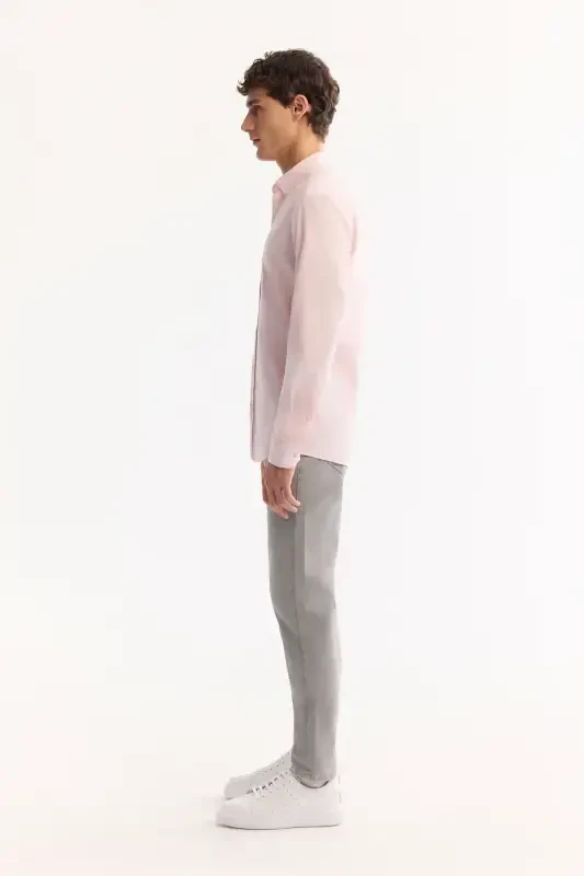 Men's Light Pink Button-Down Collar Comfort Fit 100% Cotton Linen Textured Shirt E002141 - 3