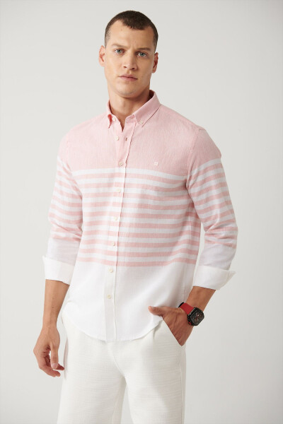 Men's Light Pink Button-Down Collar Stripe Slim Fit Shirt A41y2190 