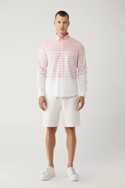 Men's Light Pink Button-Down Collar Stripe Slim Fit Shirt A41y2190 - 6