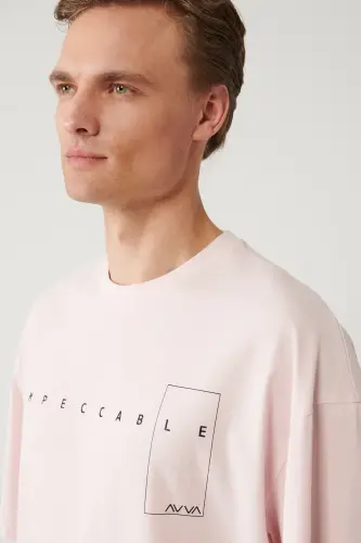 Men's Light Pink Crew Neck Printed Oversize T-shirt A41y1157 - AVVA (1)