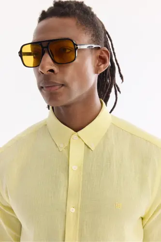 Men's Light Yellow Button-Down Collar 100% Linen Comfort Fit Shirt B002191 - Light Yellow - 2