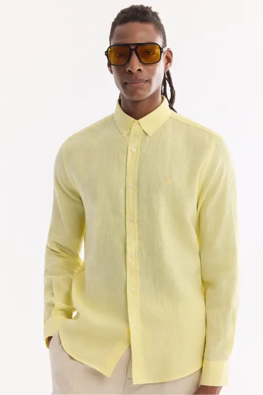 Men's Light Yellow Button-Down Collar 100% Linen Comfort Fit Shirt B002191 - Light Yellow - 3