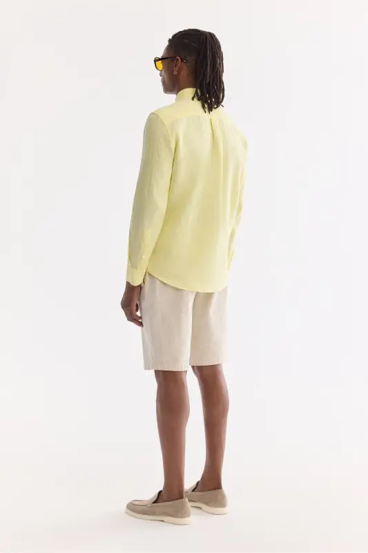 Men's Light Yellow Button-Down Collar 100% Linen Comfort Fit Shirt B002191 - Light Yellow - 6