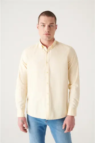 Men's Light Yellow Oxford Shirt 100% Cotton Button Down Collar Regular Fit B002003 - 3