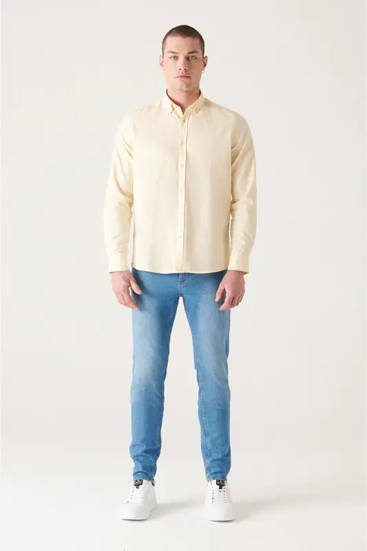 Men's Light Yellow Oxford Shirt 100% Cotton Button Down Collar Regular Fit B002003 - 5