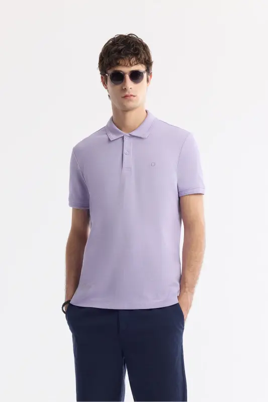 Men's Lilac 100% Cotton Quick-Drying Regular Fit Non-Wrinkle Polo Collar T-Shirt B001032 - 2