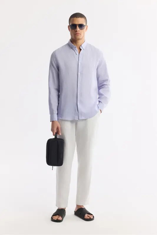 Men's Lilac Shirt 100% Linen Button Down Collar Comfort Fit B002191 - 8