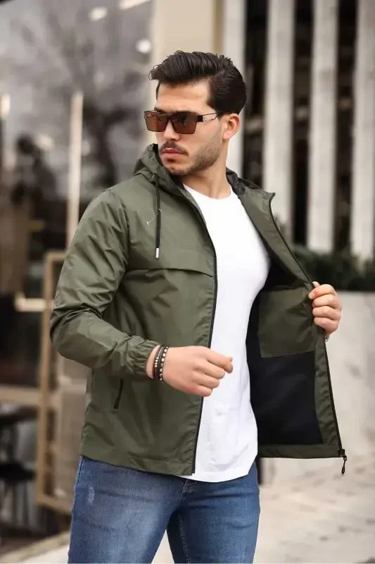 Men's Lined Water-Resistant Hooded Pocket Raincoat-KHAKI - COMSTAR