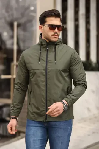 Men's Lined Water-Resistant Hooded Pocket Raincoat-KHAKI - 3