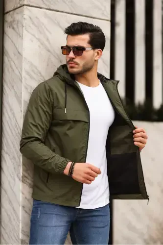 Men's Lined Water-Resistant Hooded Pocket Raincoat-KHAKI - 4