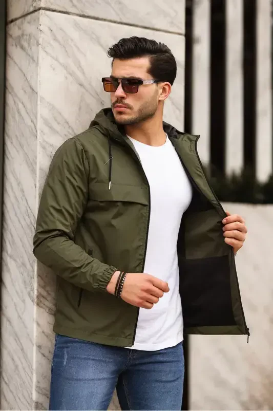 Men's Lined Water-Resistant Hooded Pocket Raincoat-KHAKI - 4