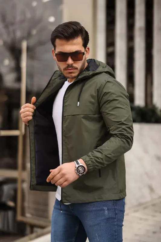 Men's Lined Water-Resistant Hooded Pocket Raincoat-KHAKI - 2