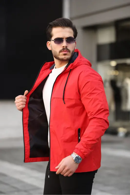 Men's Lined Water-Resistant Hooded Pocket Raincoat-RED - 2