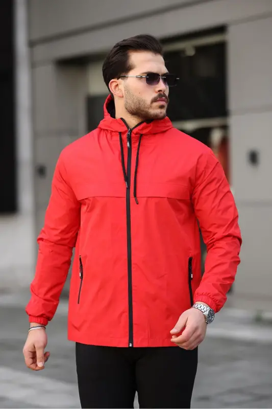 Men's Lined Water-Resistant Hooded Pocket Raincoat-RED - 3