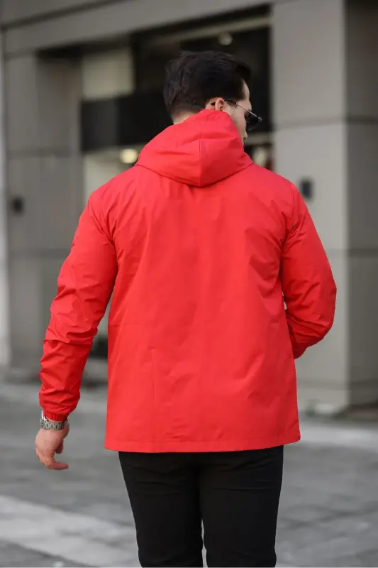 Men's Lined Water-Resistant Hooded Pocket Raincoat-RED - 4