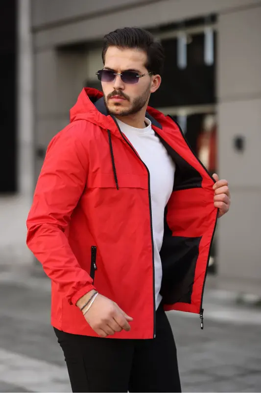 Men's Lined Water-Resistant Hooded Pocket Raincoat-RED - 5