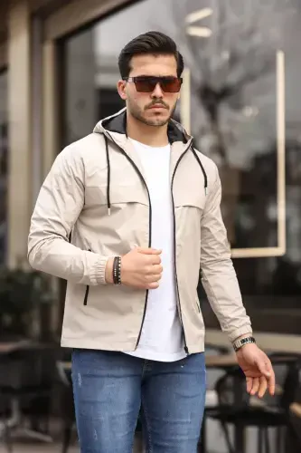 Men's Lined Water-Resistant Hooded Pocket Raincoat-STONE - 1