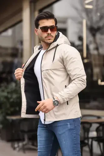 Men's Lined Water-Resistant Hooded Pocket Raincoat-STONE - COMSTAR (1)