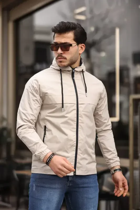 Men's Lined Water-Resistant Hooded Pocket Raincoat-STONE - 3