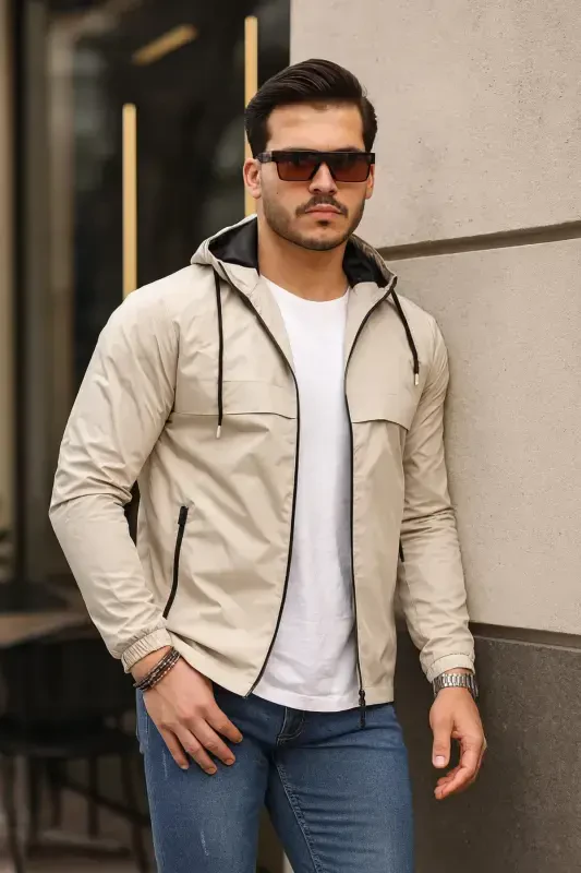 Men's Lined Water-Resistant Hooded Pocket Raincoat-STONE - 5