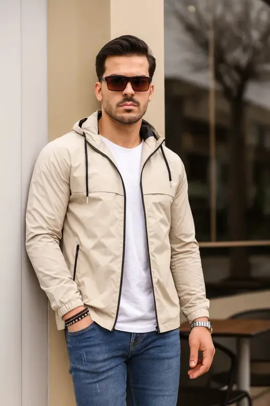 Men's Lined Water-Resistant Hooded Pocket Raincoat-STONE - 4