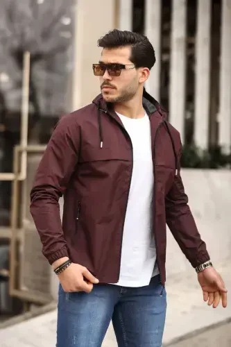 Men's Lined Water-Resistant Hooded Pocketed Raincoat-BORDEAUX - COMSTAR (1)