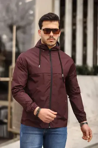 Men's Lined Water-Resistant Hooded Pocketed Raincoat-BORDEAUX - 3