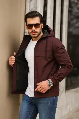 Men's Lined Water-Resistant Hooded Pocketed Raincoat-BORDEAUX - 4