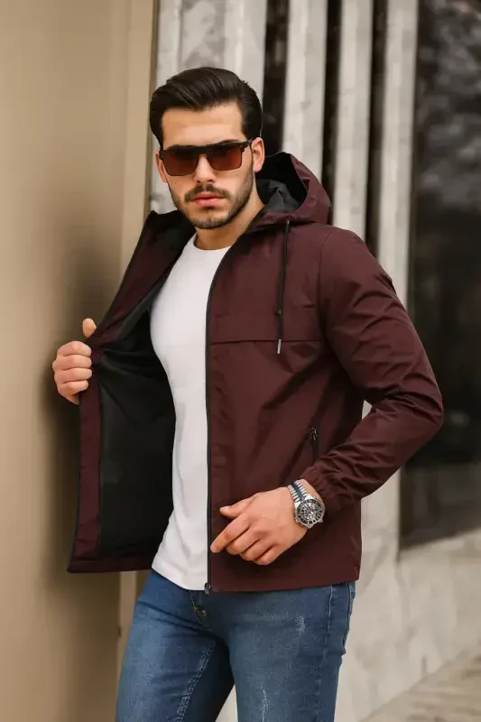 Men's Lined Water-Resistant Hooded Pocketed Raincoat-BORDEAUX - 4