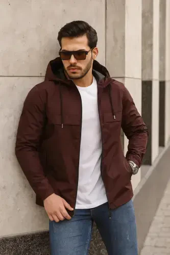 Men's Lined Water-Resistant Hooded Pocketed Raincoat-BORDEAUX - 5