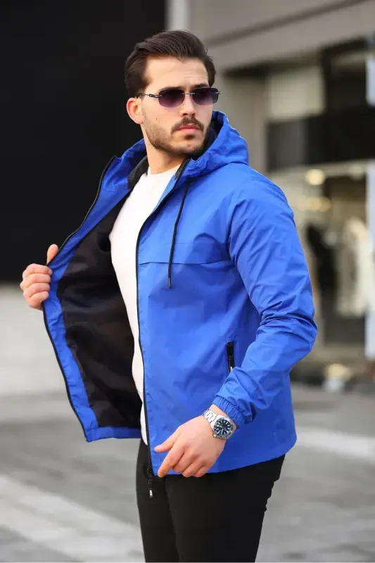 Men's Lined Water-Resistant Hooded Pocketed Raincoat - SAXE BLUE - COMSTAR