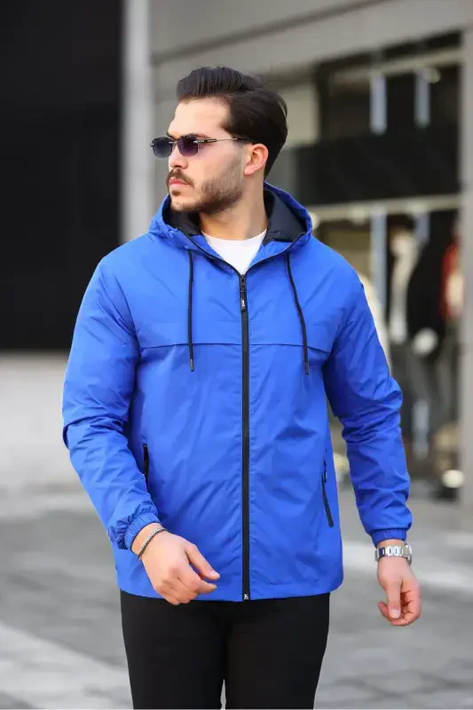 Men's Lined Water-Resistant Hooded Pocketed Raincoat - SAXE BLUE - 3