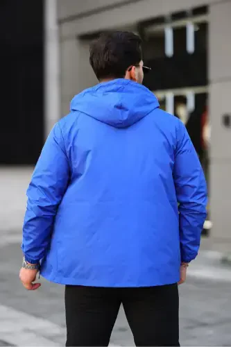 Men's Lined Water-Resistant Hooded Pocketed Raincoat - SAXE BLUE - 4