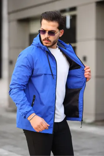 Men's Lined Water-Resistant Hooded Pocketed Raincoat - SAXE BLUE - 2