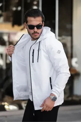 Men's Lined Water-Resistant Hooded Pocketed Raincoat-WHITE - 1