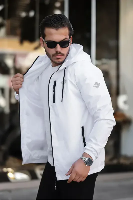 Men's Lined Water-Resistant Hooded Pocketed Raincoat-WHITE - 1