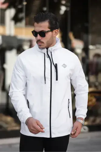 Men's Lined Water-Resistant Hooded Pocketed Raincoat-WHITE - 3