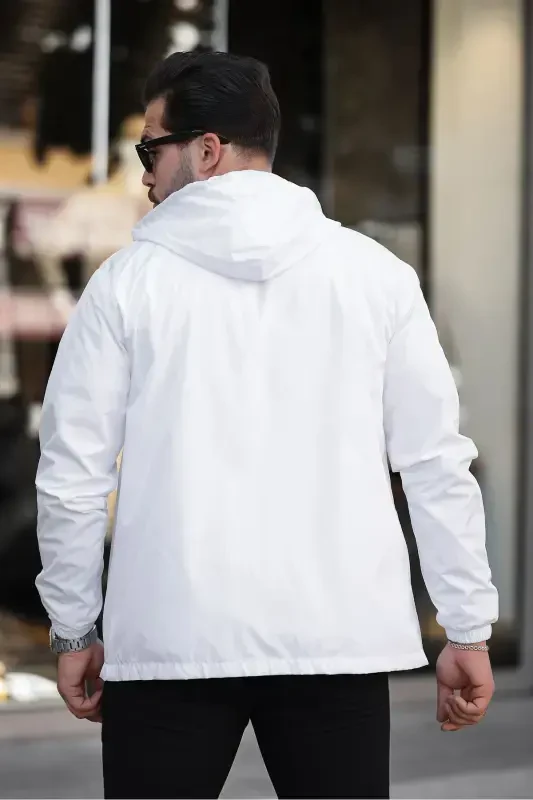 Men's Lined Water-Resistant Hooded Pocketed Raincoat-WHITE - 4