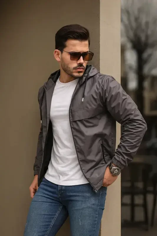 Men's Lined Water Resistant Hooded Raincoat with Pockets-D.GRAY - 4