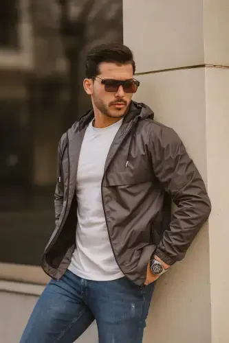 Men's Lined Water Resistant Hooded Raincoat with Pockets-D.GRAY - 5