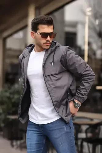 Men's Lined Water Resistant Hooded Raincoat with Pockets-D.GRAY - 6