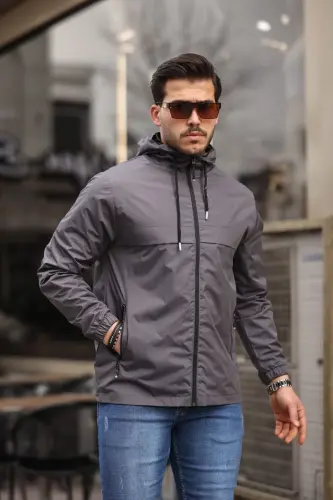 Men's Lined Water Resistant Hooded Raincoat with Pockets-D.GRAY - 2